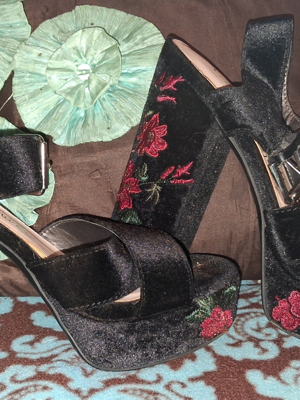 libby. edelman Black Velvet Platform Sandals with Red Floral Embroidery